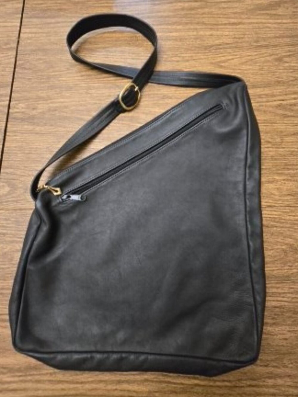 Women's Black Leather Angled Crossbody Bag w/Two Large Pockets